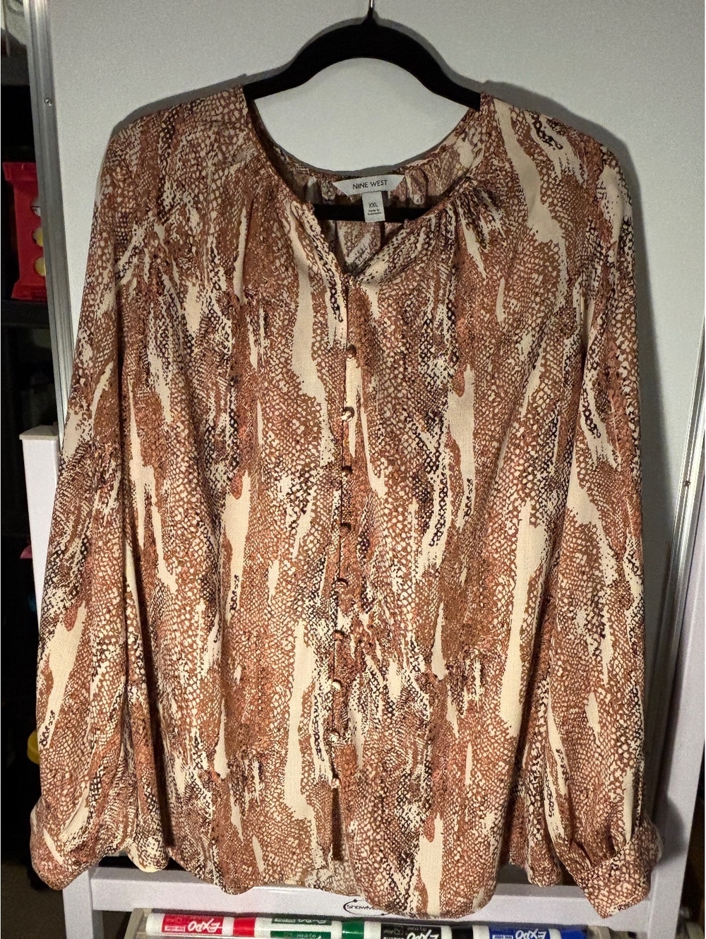Nine West Women's XXL Brown Snake Print Long Sleeve Button-Up Blouse